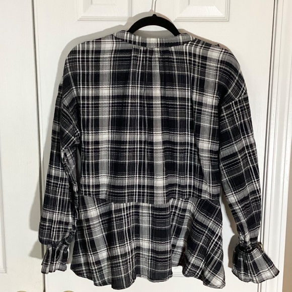 Pilcro by Anthropologie Plaid Ruffle Neck Blouse Navy Cream Medium - Picture 3 of 11